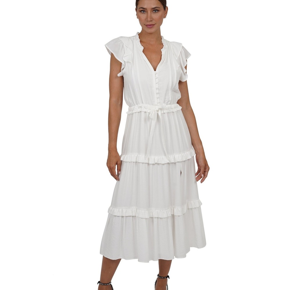 Love Token Sadie Midi Dress Women Size S White Ruffle Tiered Flutter Sleeve Boho